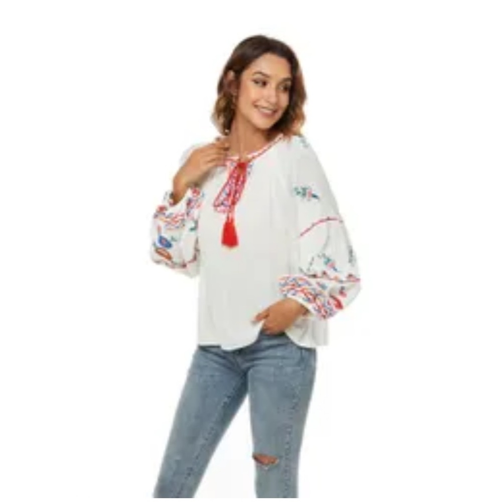 Anthropologie Olivia Hill White Boho/Peasant Sleeve Top. Size S (411)